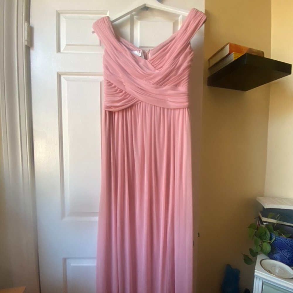 David's Bridal Ballet Pink Crisscross Off-the-Shoulder Mesh Bridesmaid Dress